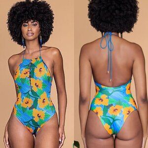 New! Ochie Diana Blue Orange Floral Halter One Piece Swimsuit 10576